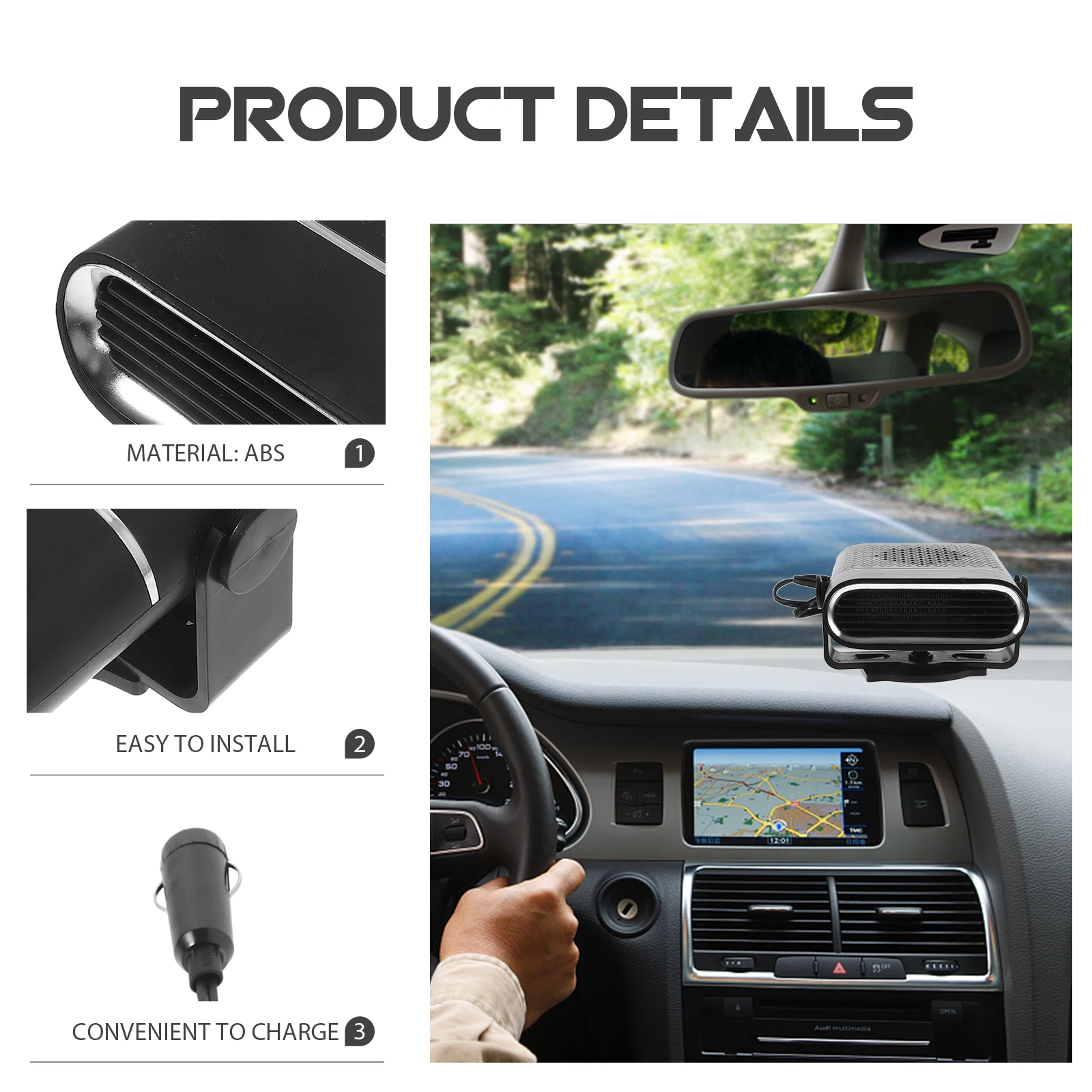 

Portable Car Heater Electric Adjustable Fan Vehicle Defogger No AC Defroster Auto Windshield Frost Cleaner ABS Copper Material