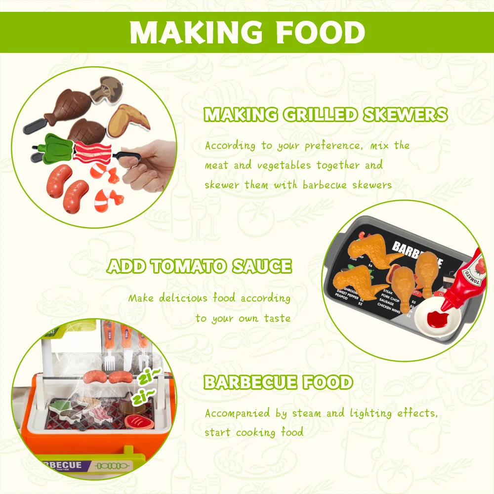 Multifunctional playhouse barbecue toy, with spray design, realistic barbecue tools, gift