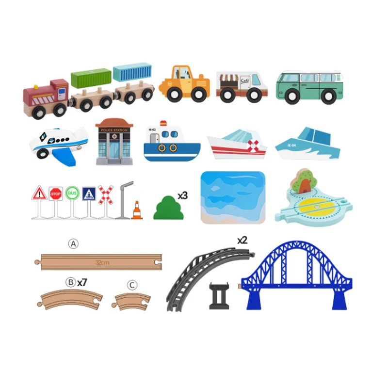 Wooden Train Track City Blue Bridge Scene Set Railway Electric Magnetic Train Toy Suitable For All Brand Wood Rail Toy Boys PD68