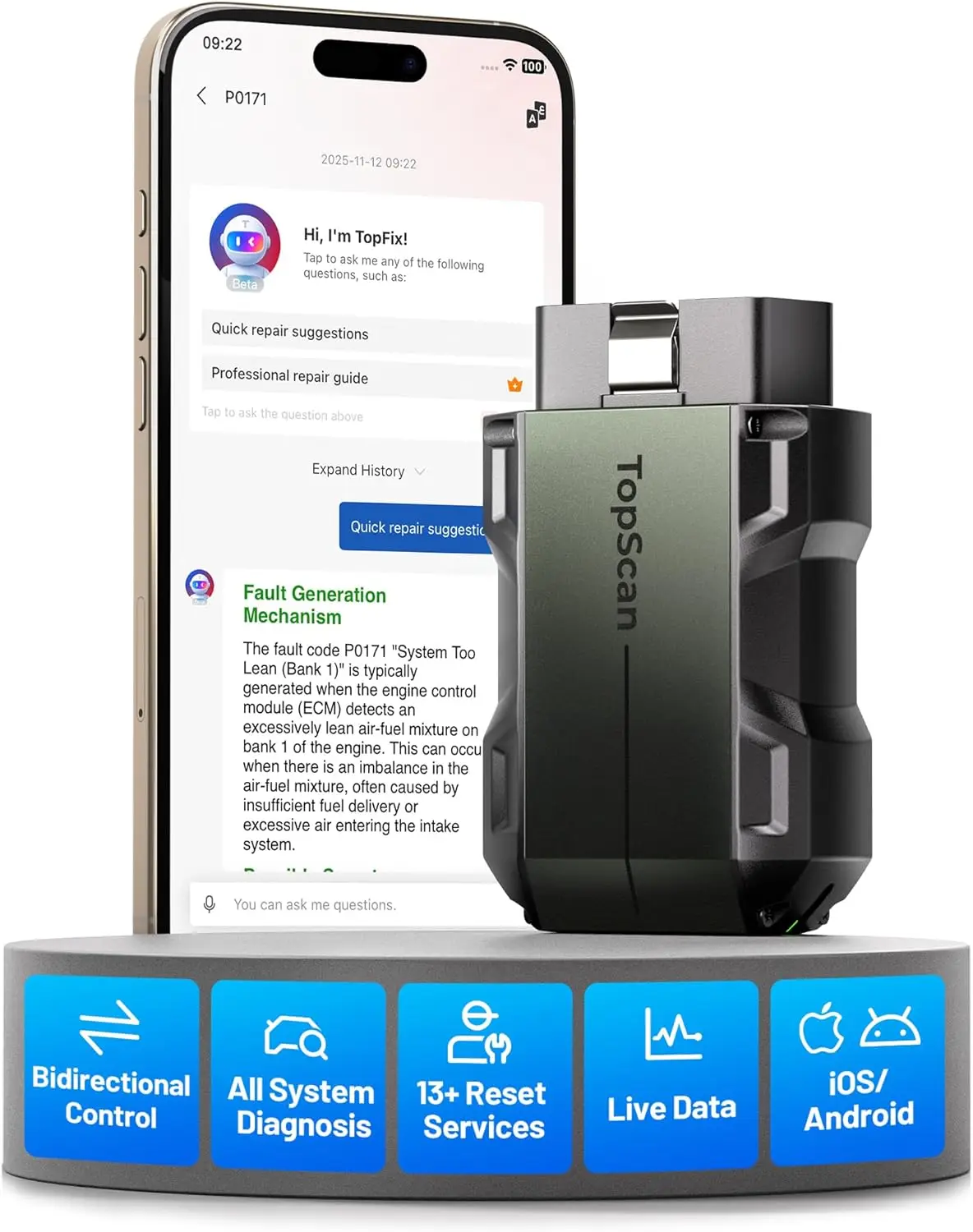 

Pro Bluetooth OBD2 Scanner with Bi-Directional Control, Full System Diagnostics, AI Assistant for iPhone & Android
