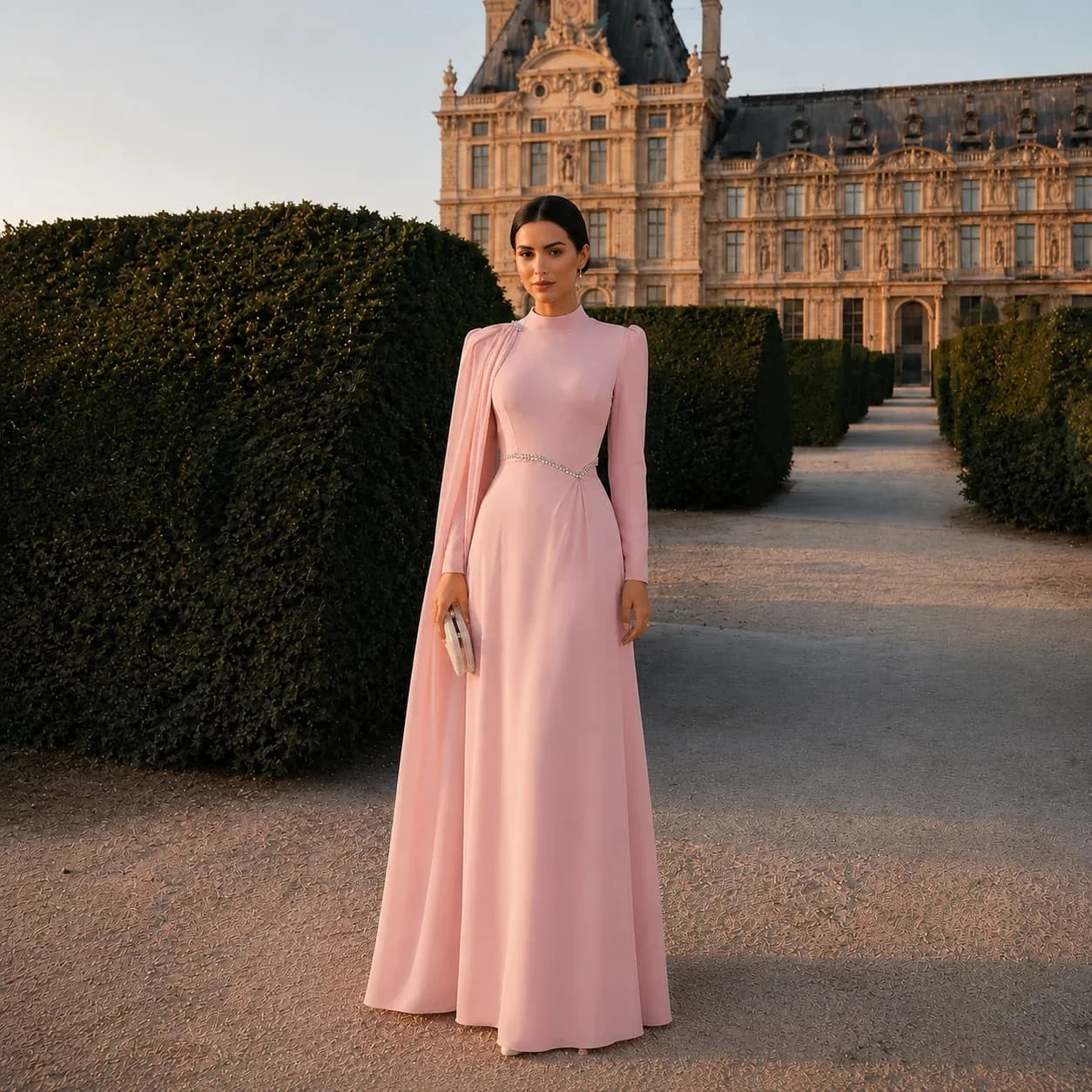 Customized Blush Pink High Neck A Line Evening Dress Chiffon Cape Sleeve Rhinestone  Luxury Royal Wedding Formal Occasion Gown