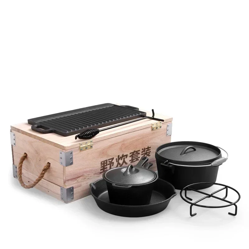 Cookware Set 7-piece Outdoor Picnic Camping Dutch Pot Uncoated Frying Pan 203 Baking Pan Cast Iron Cookware Set With Wooden Box