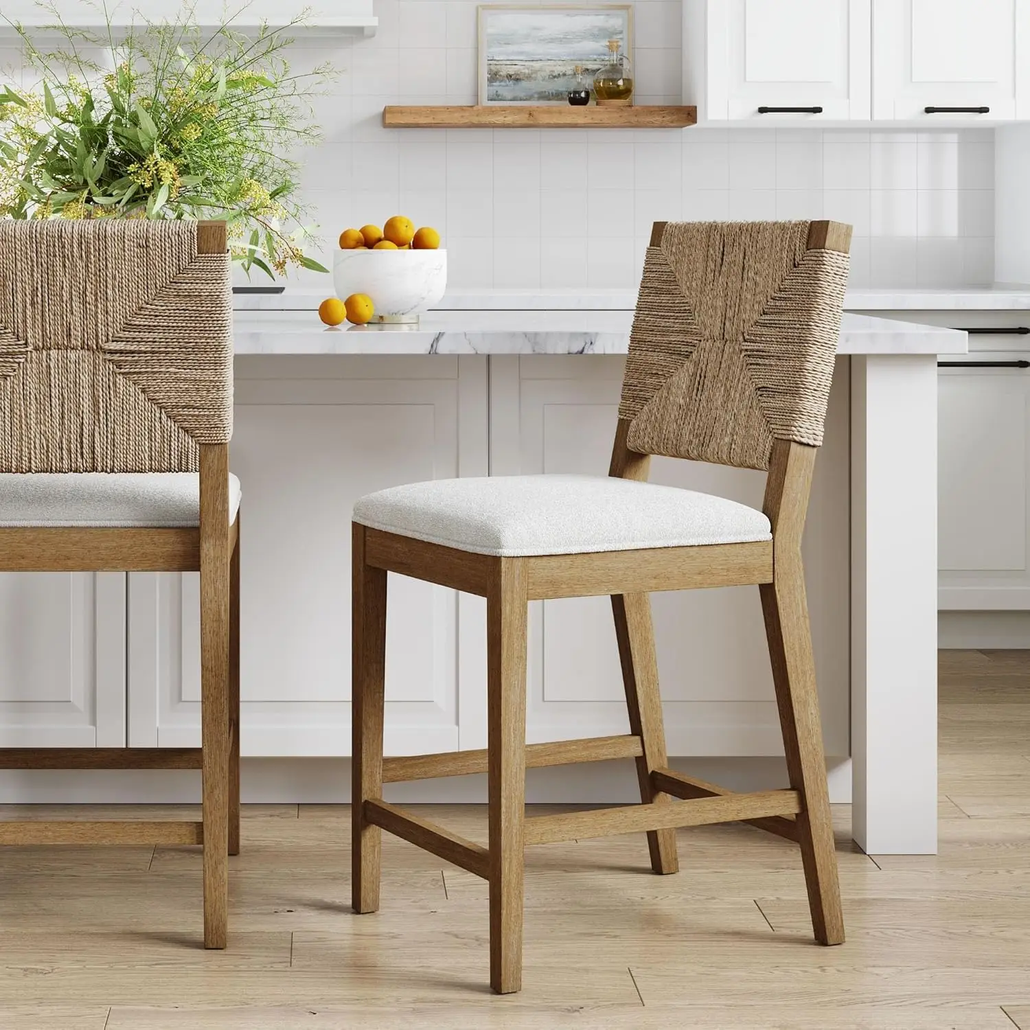 

Bohemian Bar Stool, Upholstered Counter Height Chair w/Solid Wood Frame and Woven Seagrass Back for Kitchen Island, Light