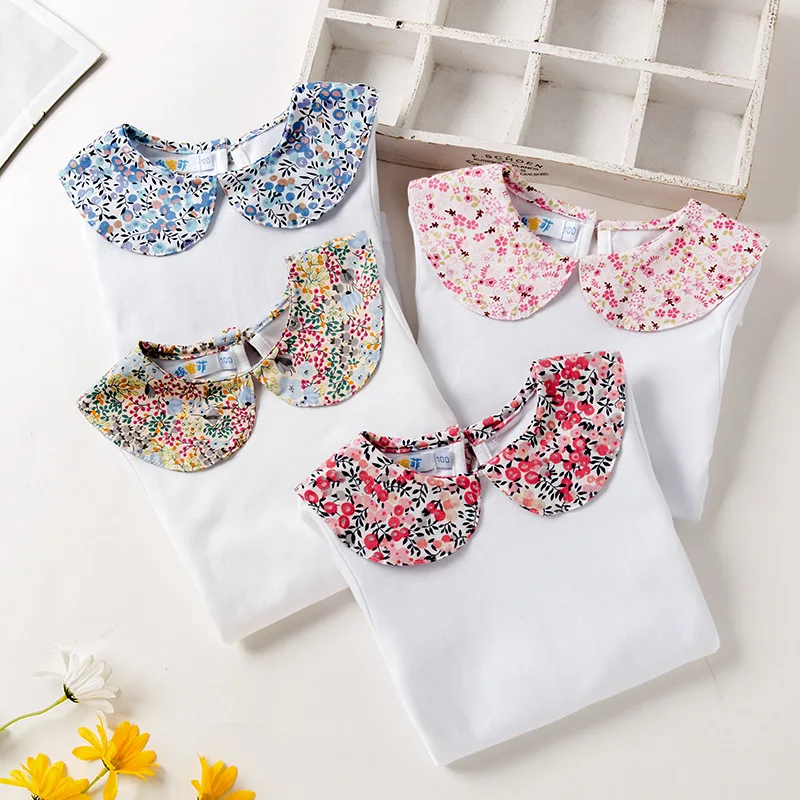 Baby Girls White Shirt Spring Autumn Kids Long Sleeve Basic Blouse With Floral Collar 1--5Y