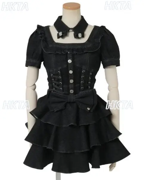 Japanese liz removable collar waist cake denim dress short skirt autumn new short-sleeved dress sweet girls lolita two piece set - view 5