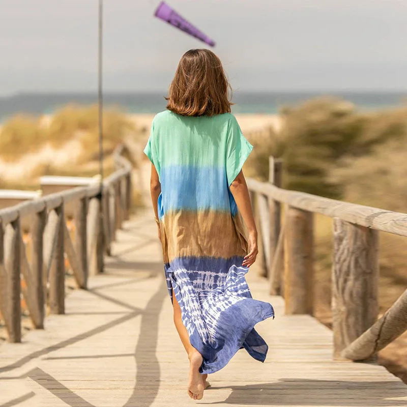 جديد مخطط التعادل صبغ المرأة فستان الشاطئ ثوب السباحة بيكيني التستر الصيف تونك للمرأة بحر رداء دي بلاج قفطان