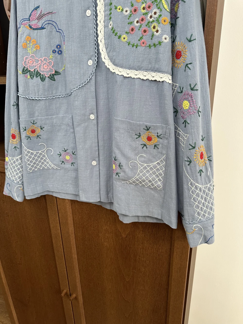 Vintage rural style colorful floral embroidery hollow out white