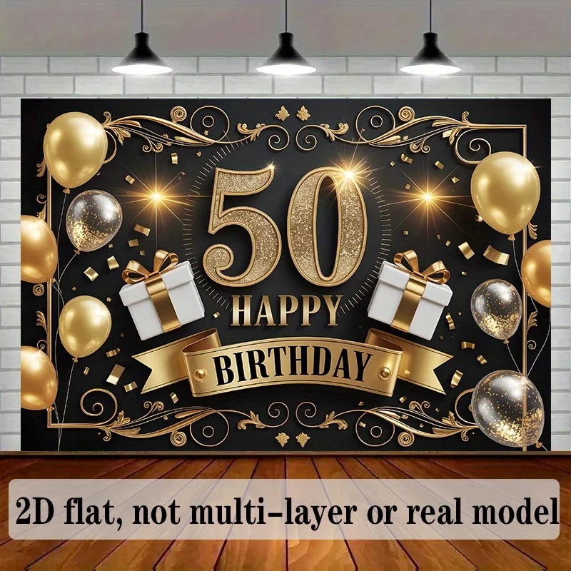 Image of 2D flaches, 1-teiliges, elegantes Hintergrundbanner für die 50. Geburtstagsfeier – goldene und schwarze Polyester-Wanddekoration mit Luftballons, Geschenken