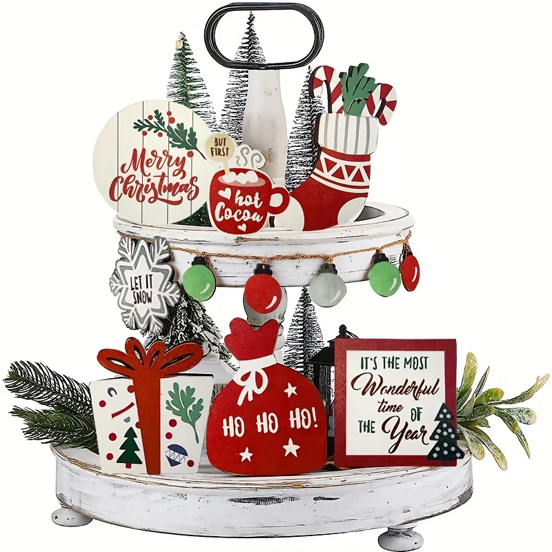 Christmas Tiered Tray Set Wooden Decoration Set Farmhouse Christmas Decor Bell Coffee Cup Snowflake Cookie Wooden Signs