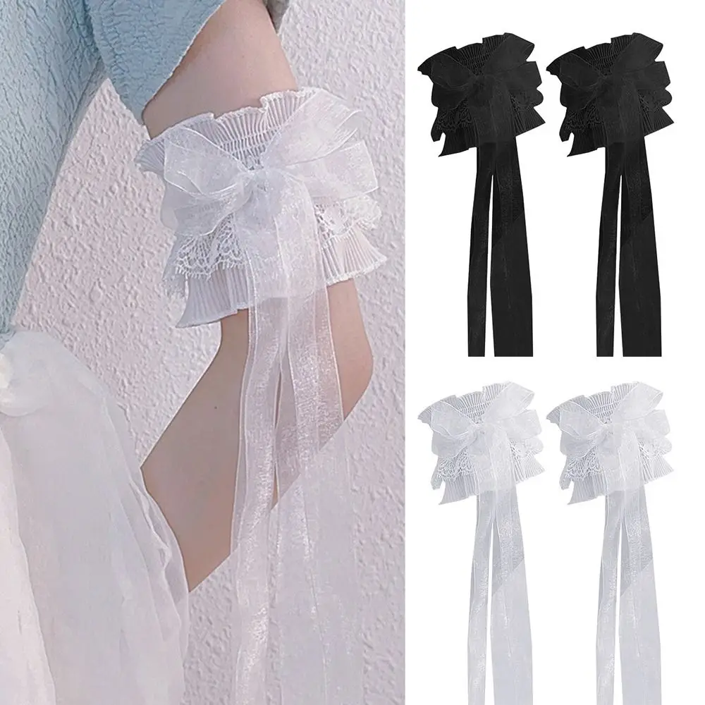 

Bowknot Arm Sleeve Elastic Ruffled Floral Layered Lace Arm Cover with Long Ribbon Hand Sleeve Arm Cuffs Wedding Party Decor