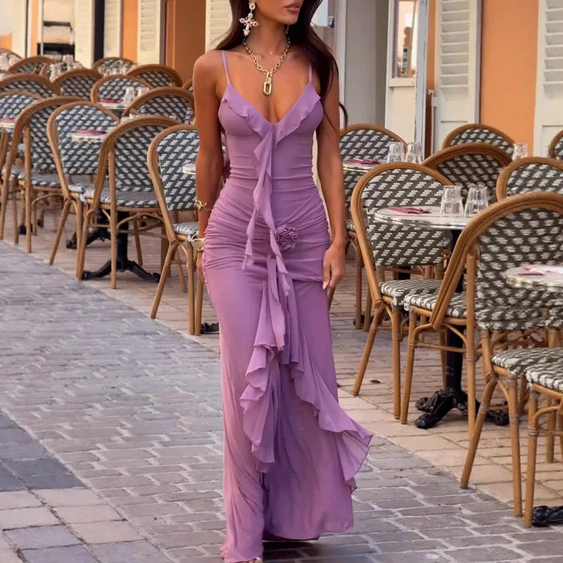 Purple Hollow Out Ribbon Evening Dress Elegant Low Cut Backless Ruffles Halter Dress Lady Wrap Hips Stereoscopic Floral Dresses