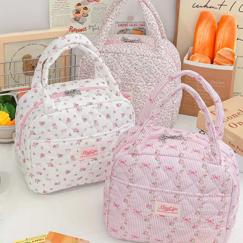 Large capacity - Cute flowered strawberry & cherry printed tote bag for keeping lunch warm and cold (non-food contact)