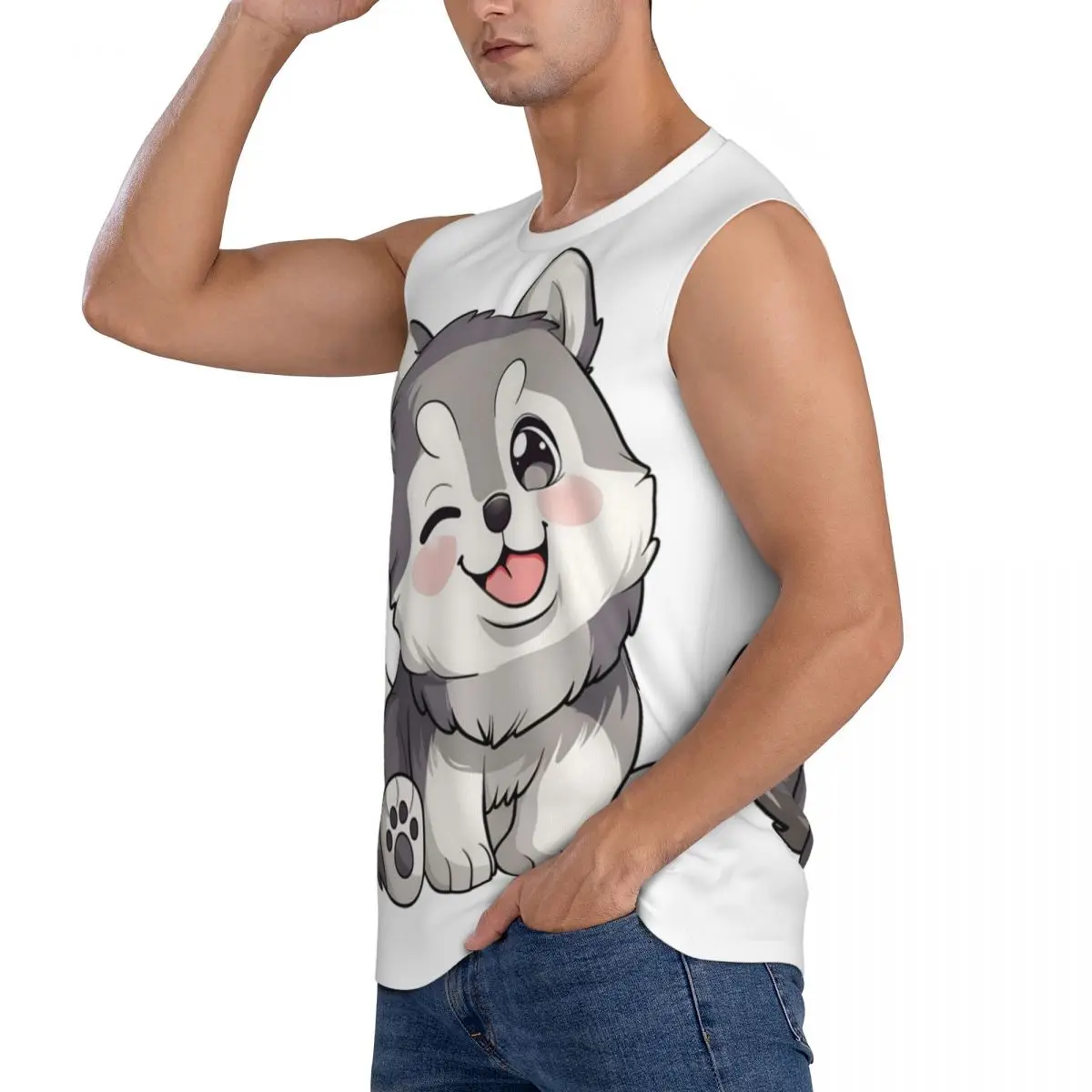 Cute Winking Kawaii Husky Men Sleeveless Tank Tops Quick Dry Breathable Gym Fitness Running Summer Casual Sport Vest