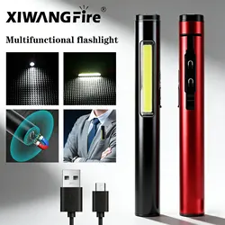 Portable LED Flashlight COB Floodlight and XPE High Beam Aluminum Alloy Pen Clip Work Light Built In Battery with Tail Magnet