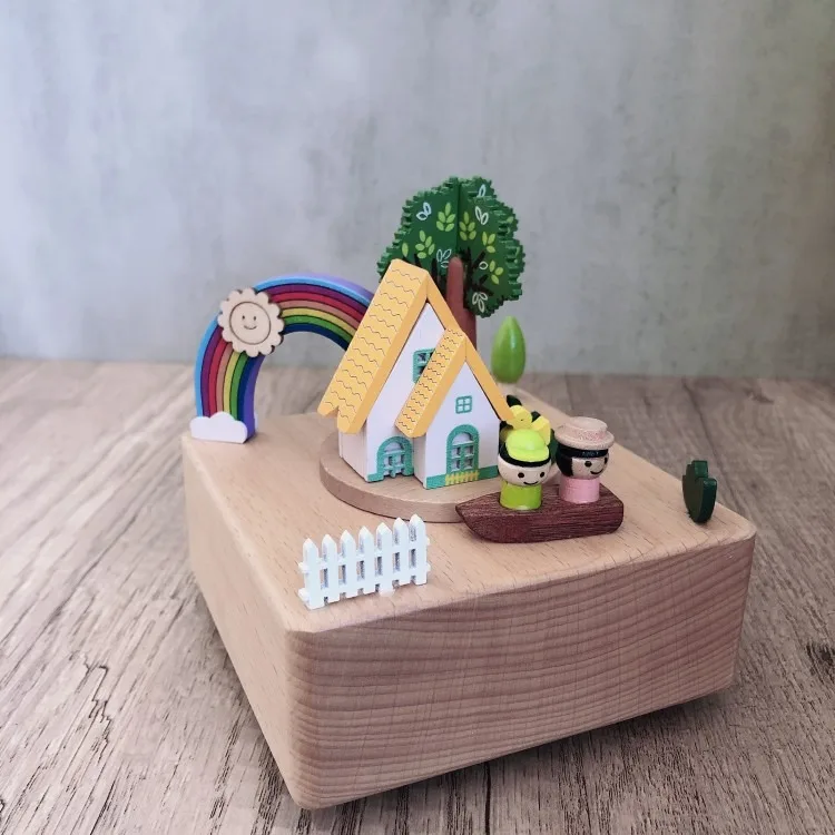 Rainbow Bridge Wooden Music Box Micro Landscape Solid Wood Desktop Home Decoration Craft Valentine's Day Birthday Creative Gifts