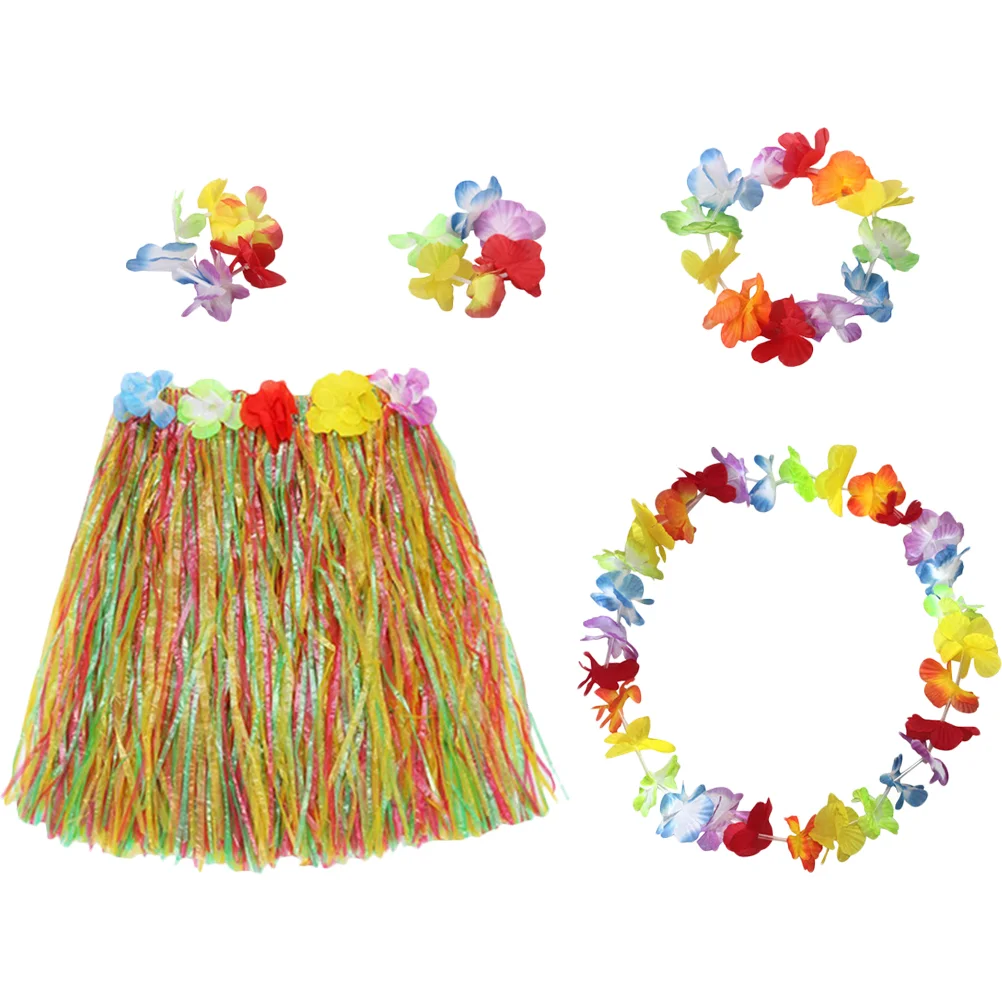 

Hawaiian Hula Dancer Skirt Set Bright Color Grass Skirt Flower Accessories Wedding Luau Decorations Reusable