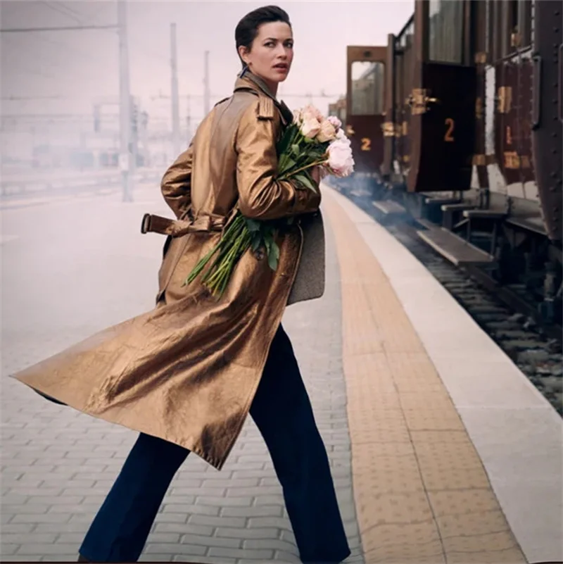 

Original Skin Goat Leather Windbreaker 950 Dollars Super Long Stylish Commuter Style Women's Jacket Autumn Season Long Sleeve