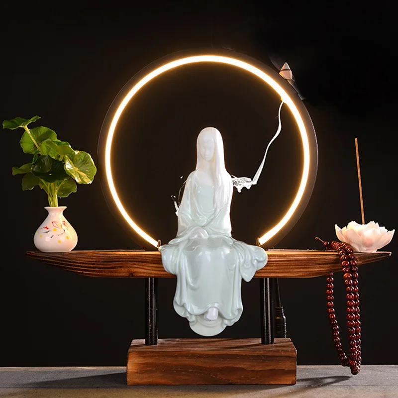 

Light-up Figurine Wooden Holder With Incense Holder Vintage Circle Light Storage Holder