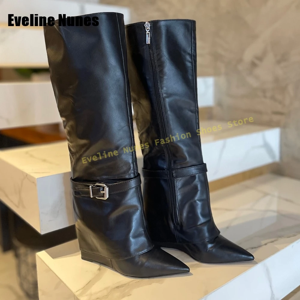 Belt Buckle Wedge Sleeve Boots Pointed Toe Solid Patchwork Zipper Closure Knee High Boots 2025 Street Style Party Shoes Trend