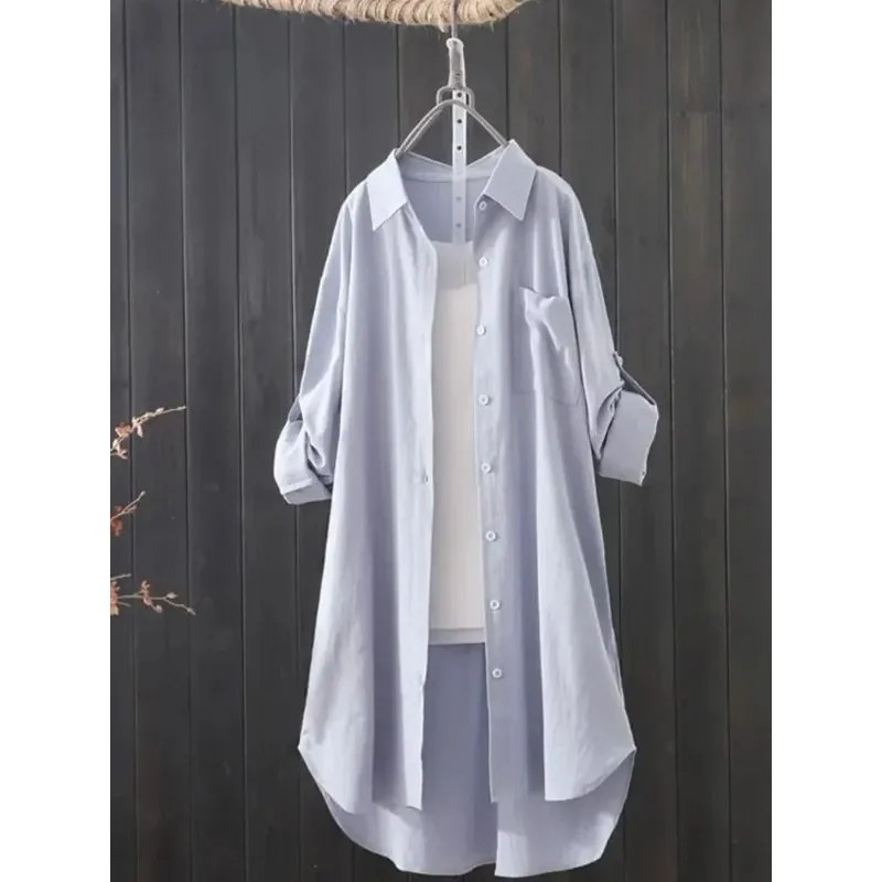 

Белая женская рубашка 2024 летняя корейская мода простая однотонная длинная рубашка Женская свободная дышащая рубашка средней длины и блузка P333