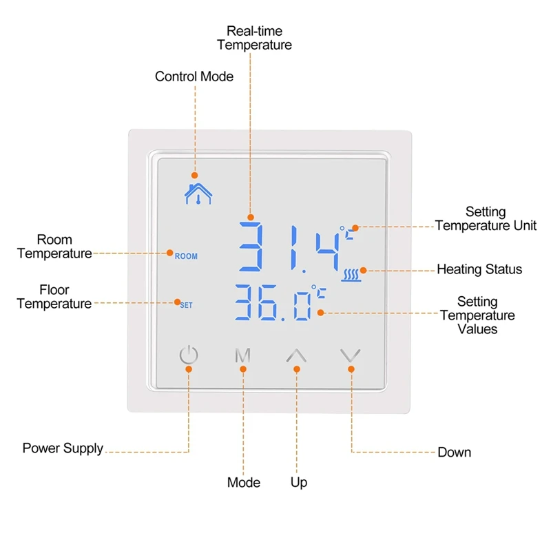 Termostato inteligente, controlador de temperatura de calefacción de suelo de 16A con pantalla táctil LED, Control de calefacción eléctrica de 85-265V