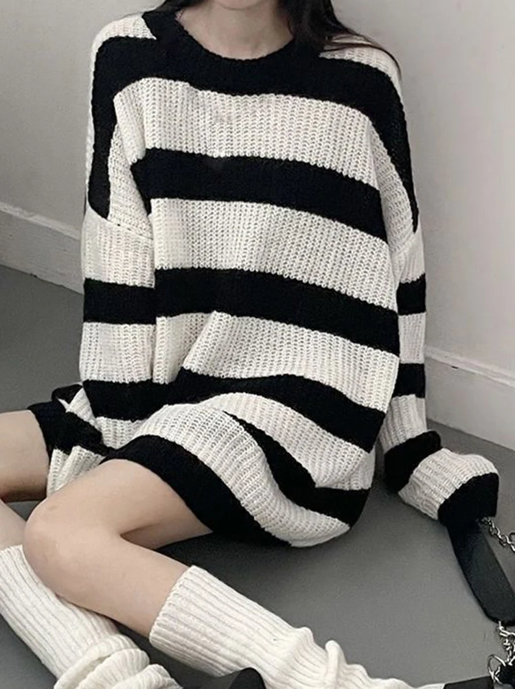 Jmprs Y2K Striped Sweaters Women Gothic Loose Punk Knitted Jumpers Streetwear Harajuku Long Sleeve Vintage Lady Pullovers Tops