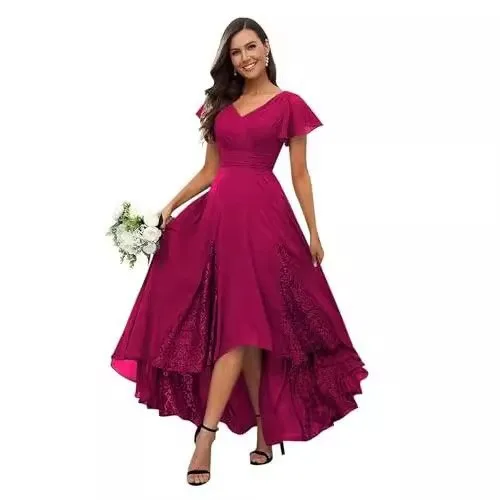 Vestidos para madre de la novia con cuello en V, apliques de encaje con volantes, vestido de fiesta de noche Formal para dama de honor, vestido de invitados de boda de manga corta