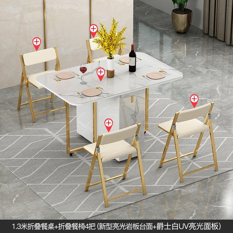 

Light Luxury Style Bright Rock Plate Folding Dining Table and Chair Combination Modern Square Table Simple Household Storage