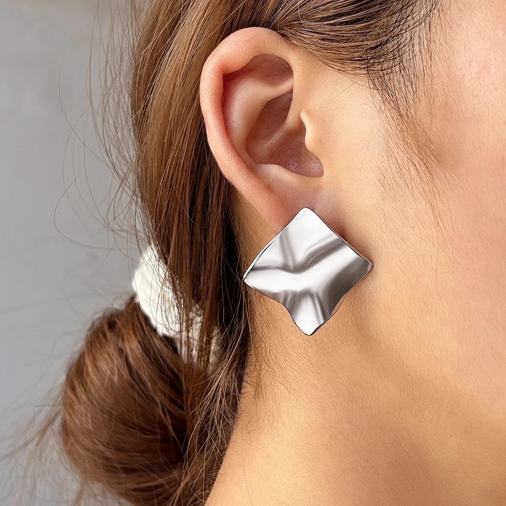 Stainless Steel Stud Earrings Simple Irregular Quadrilateral Concave Fold Texture Stud Earrings For Women Jewelry Daily Wear