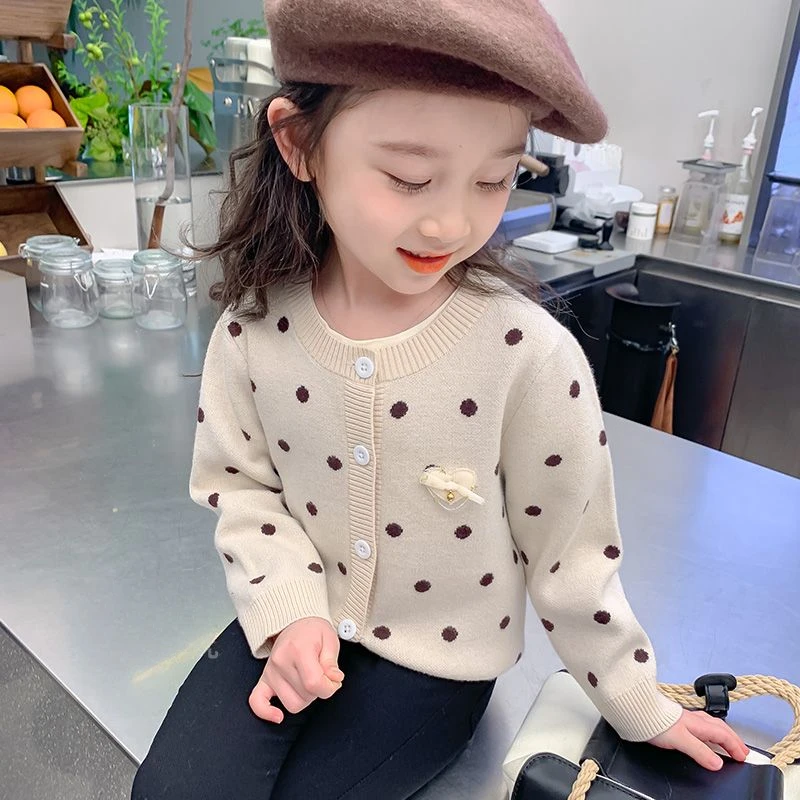 

New Arrival Children Casual Heart Shaped Applique Sweaters Spring Autumn Knitted Thin Tops Kids Girls Dot Printed Caedigan 2025