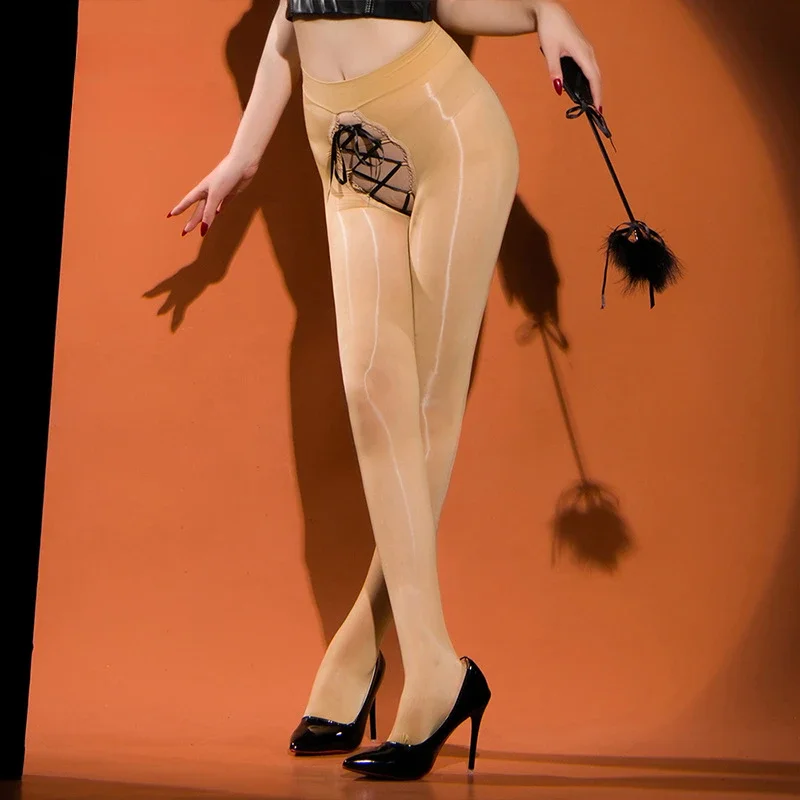 

Open Crotch Pantyhose Women Sexy Smooth Oil Shiny Stockings Cross Strap Bandage Tights Leggings Erotic Lingerie Gift for Wife