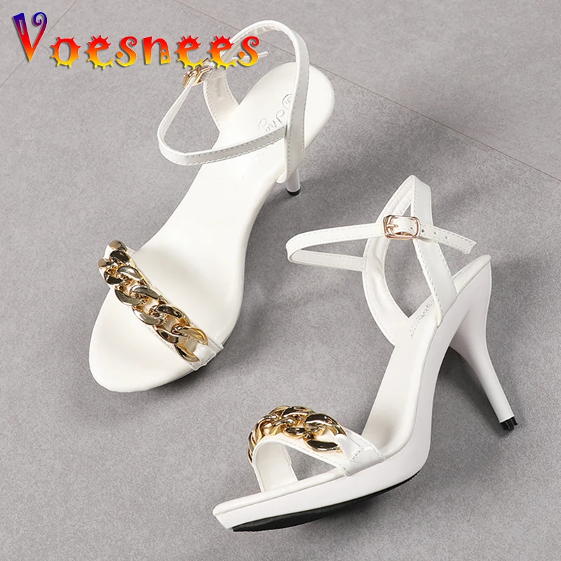 Voesnees Ladies Stiletto Pure Color Gold Chain Sandals 2022 New Summer Buckle Strap Fashion Dress High Heels Women Shoes Size 43