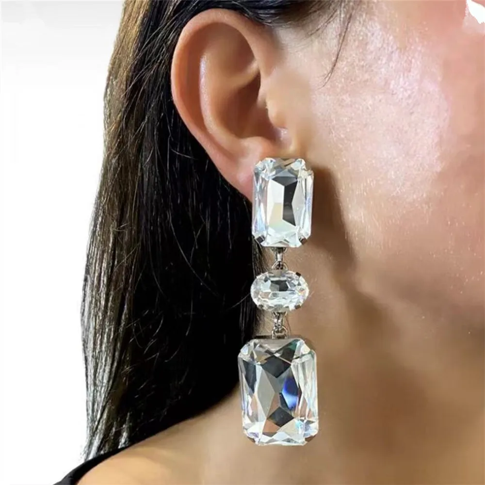 Clear Rhinestone Double Square Pendant Long Drop Earrings Dinner Jewelry for Women Crystal Geometric Water Drop Dangle Earrings