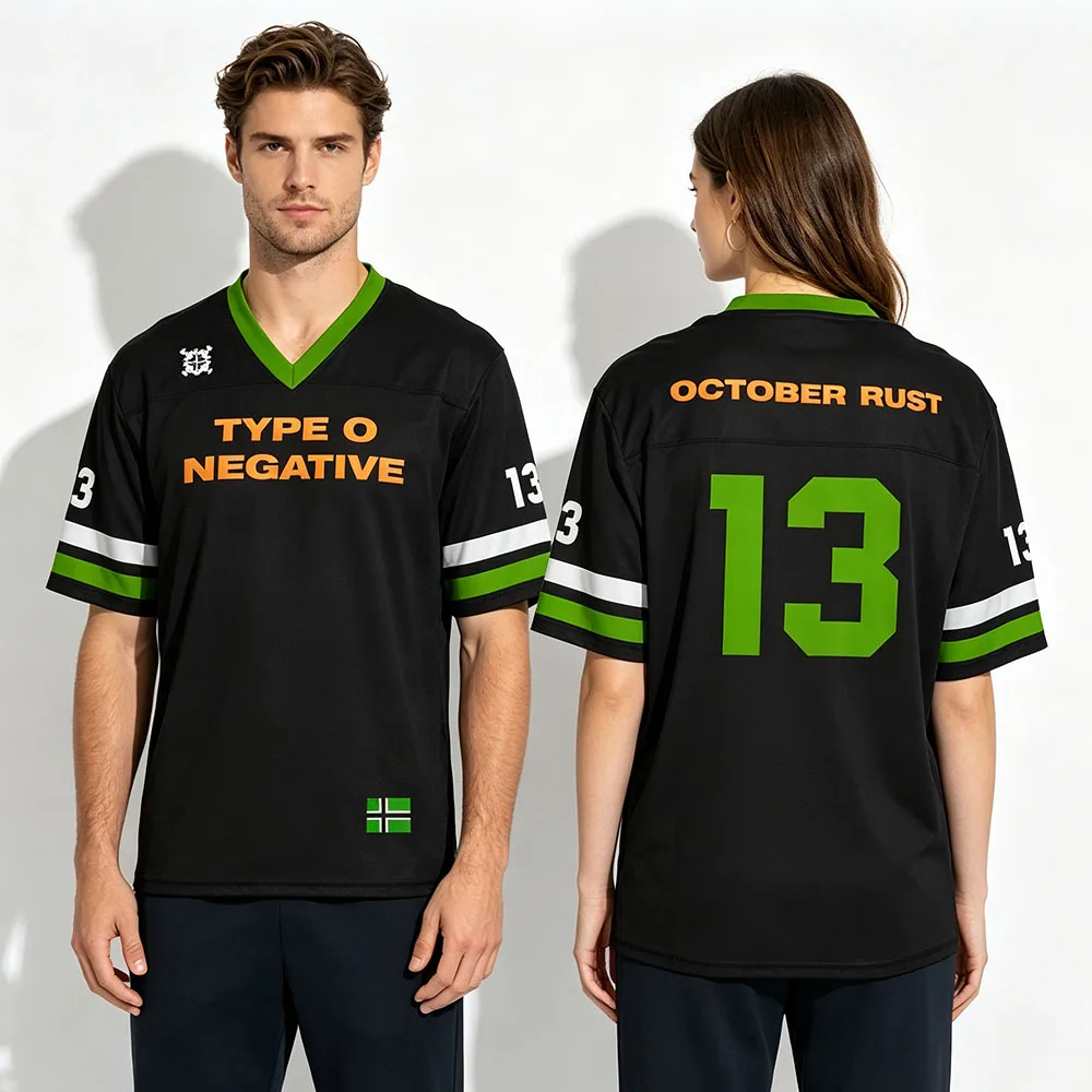October Rust Football Jersey Type O Negative Band Design Soccer Tees Men Women V‑Neck Mesh Loose T-shirt Short Sleeve Unisex Top
