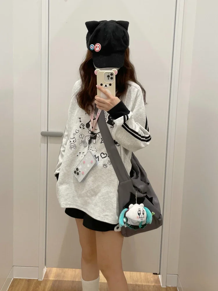ADAgirl Anime Cat Print Hoodies Women Kawaii Kitty Long Sleeve Sweatshirt Oversized Streetwear Stripe Grey Autumn Winter Clothes