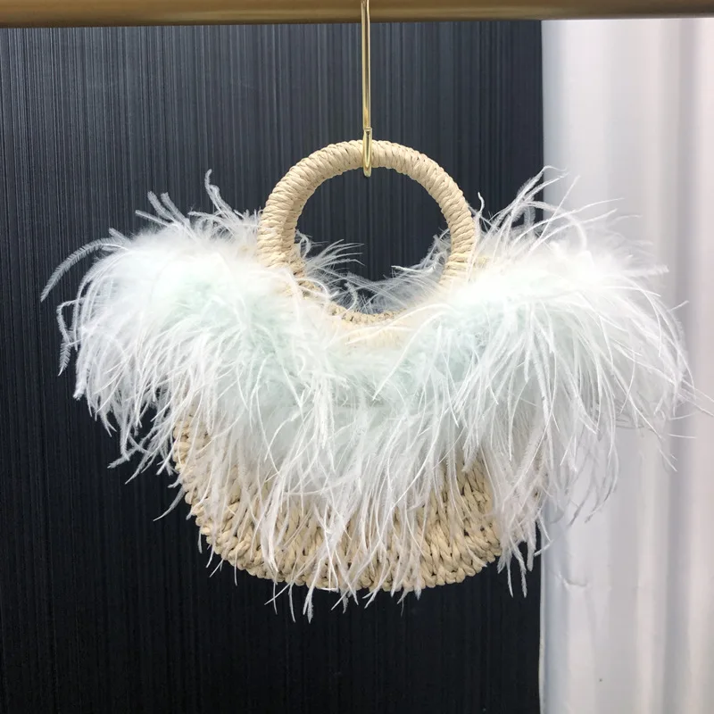 Women's ostrich feather bag, Straw woven handbag summer woven bag, handbag,straddle fashion wallet ,handmade
