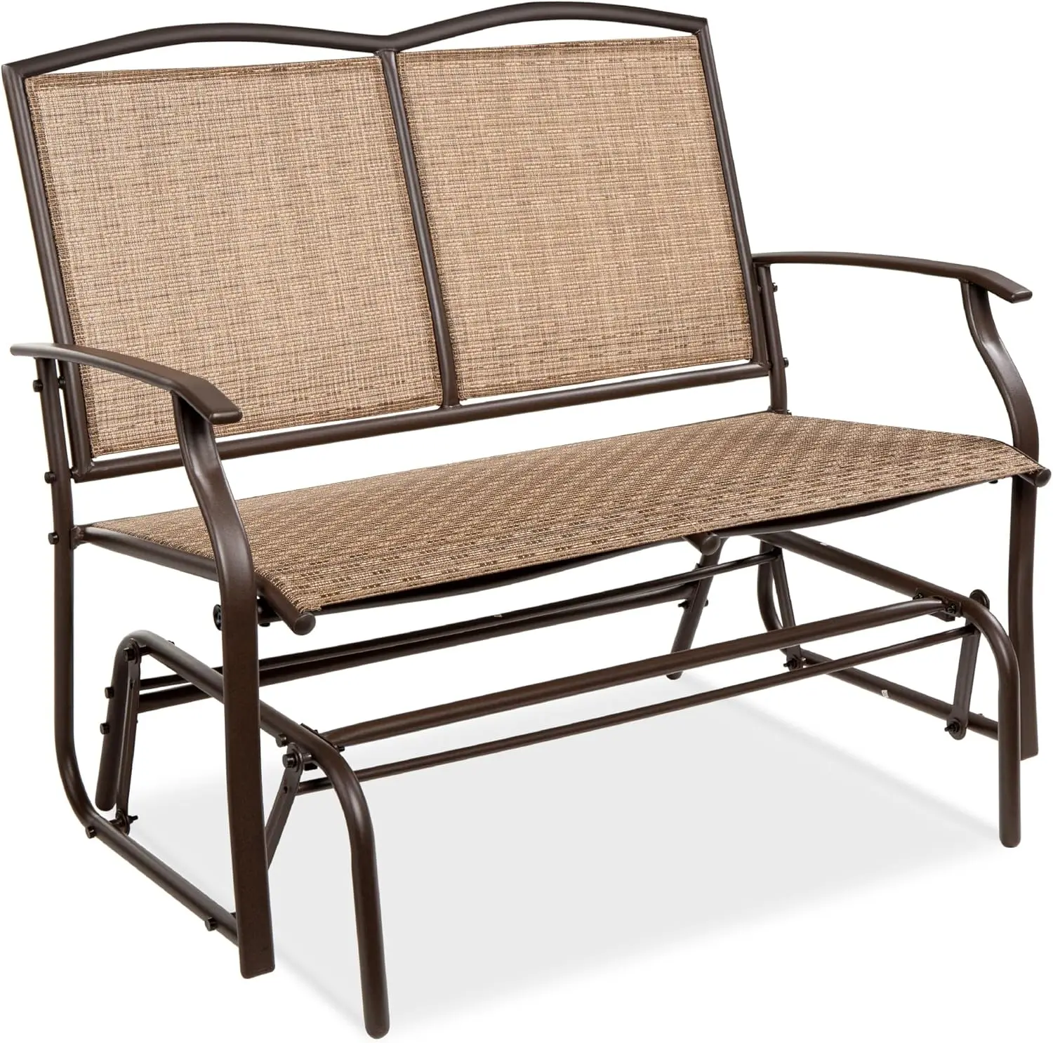 2-Person Outdoor Patio Swing Glider Steel Bench Rocker for Deck, Porch w/ Fabric, Steel Frame - Brown