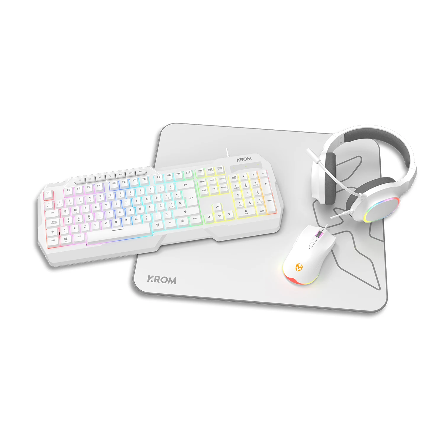 KROM KENTA - Combo Gaming 4 en 1 - Teclado RGB Rainbow, Layout Español, Antighosting, Ratón óptico 7200 DPI, Auriculares 50mm Estéreo y Alfombrilla 450x400x3mm, Color Blanco