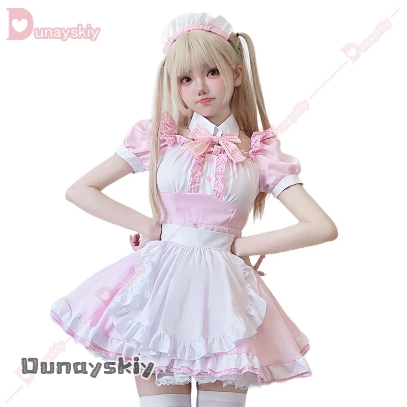 ญี่ปุ่นน่ารักแม่บ้านลายสก๊อตเครื่องแต่งกายสาวนุ่มฮาโลวีน Gothic Waitress สีชมพูหวานชุดน่ารักผ้ากันเปื้อนแม่บ้านบทบาทเล่นเครื่องแต่งกาย