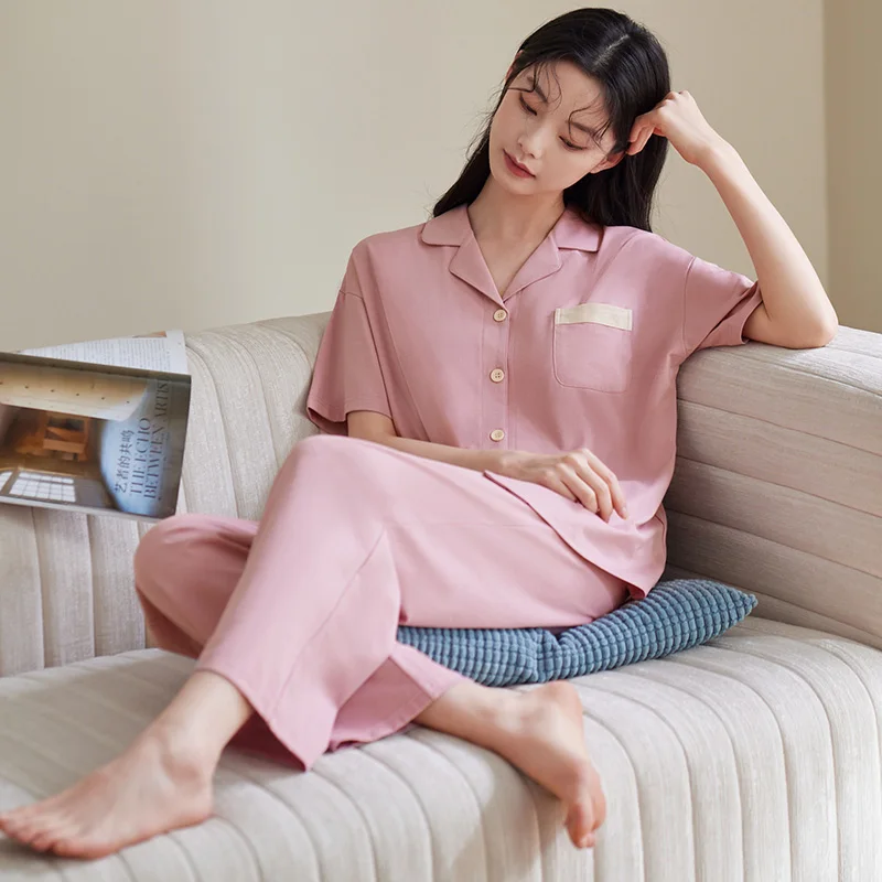 Women full cotton pajamas set summer short sleeve 2 pieces sets solid color sleeping home clothes turn down collar pijamas mujer