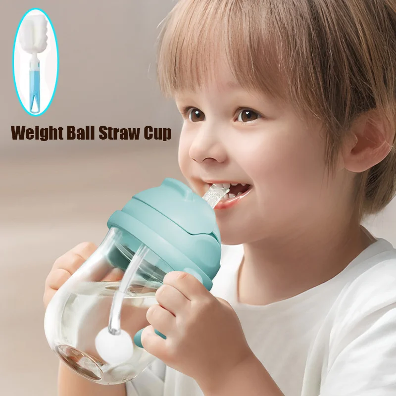 

300ml Sippy Cup For Toddlers Weighted Ball Straw No Spill Learner Milk Water Baby Bottle Silicone Spout Baby Transition Bottles