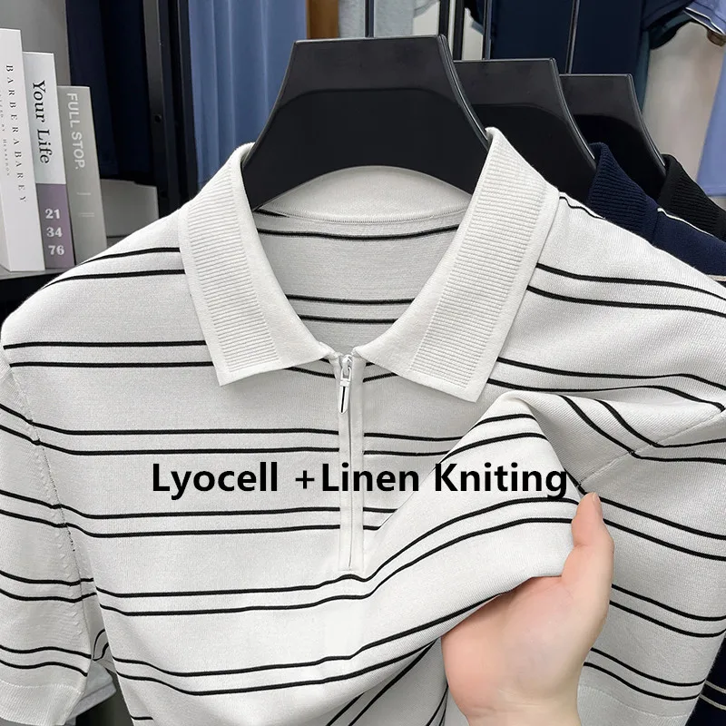 New Trendy Lyocell Breathable Knitwear 2026 Summer Casual Striped Linen Knit Polo Shirt Short Sleeve Clothes Pullover Knit Shirt