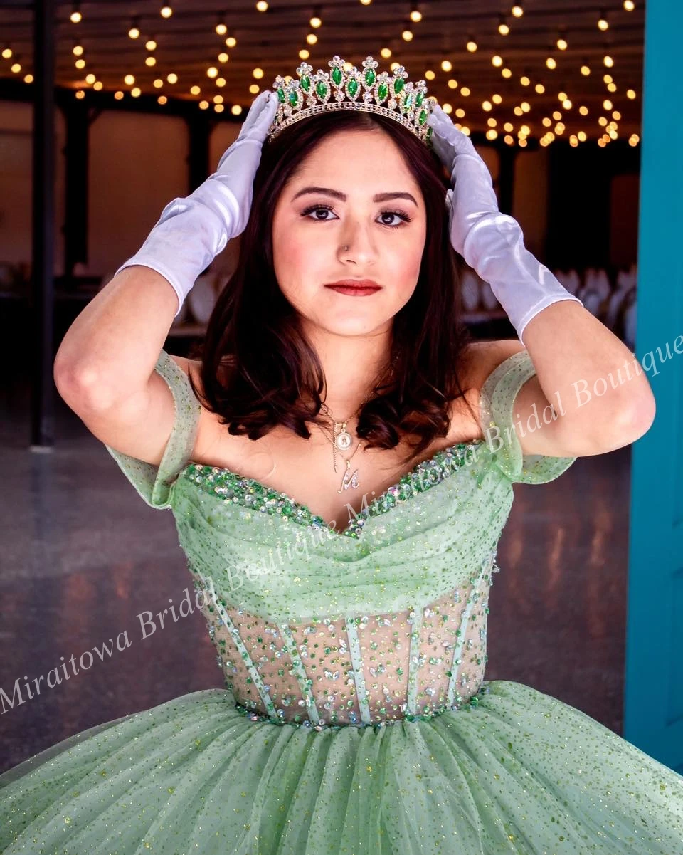 Vestido de quinceañera de tul con purpurina brillante, corsé transparente, Bola de quinceañera mexicana, dulce vestido de fiesta de cumpleaños para niña del 15 °, salvia, 15/16