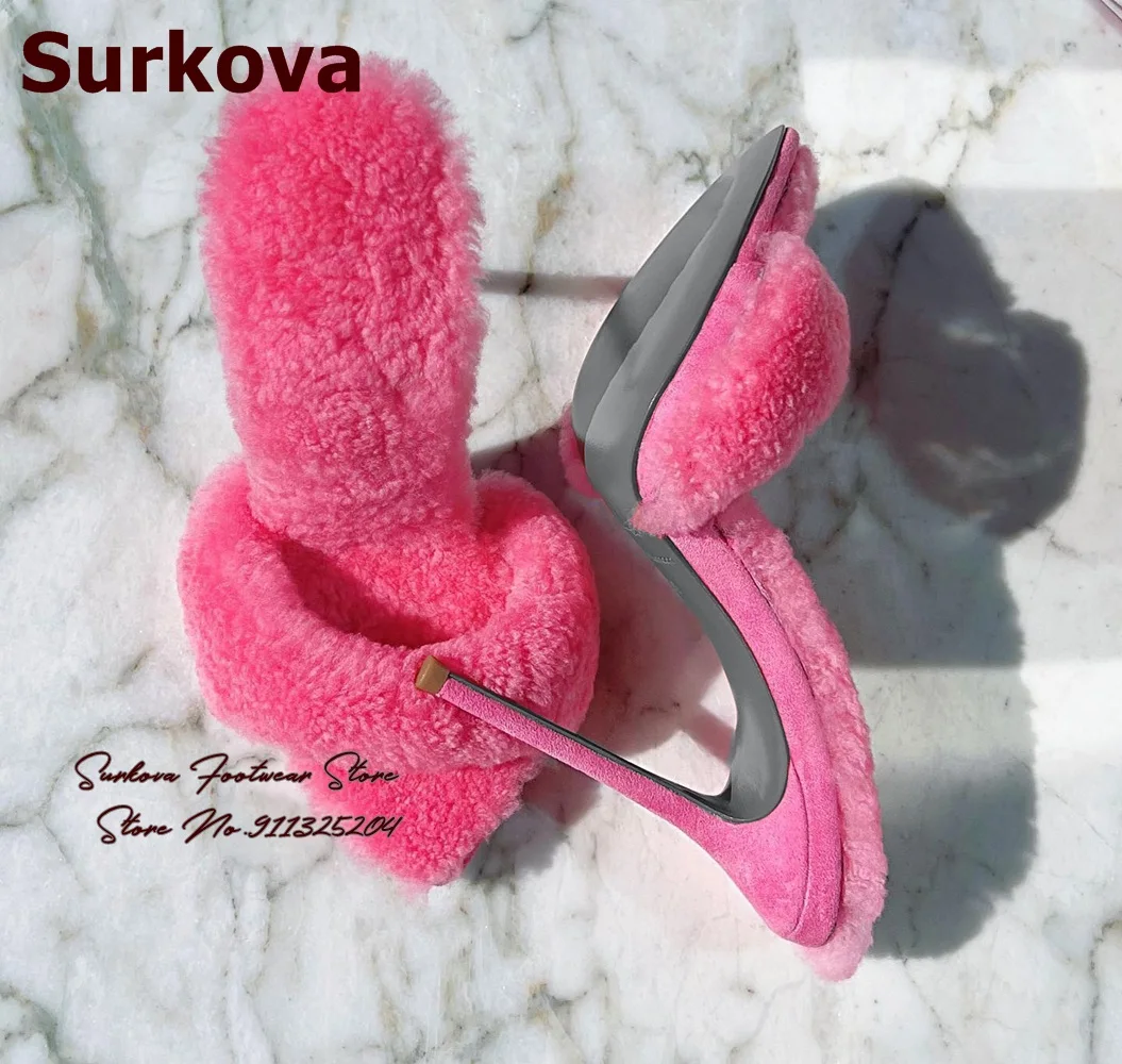 

Surkova Pink Fur Thin High Heel Modern Slippers Sweet Fluffy Slip-on Mules Women Luxury Evening Pumps Pointed Toe Sandals