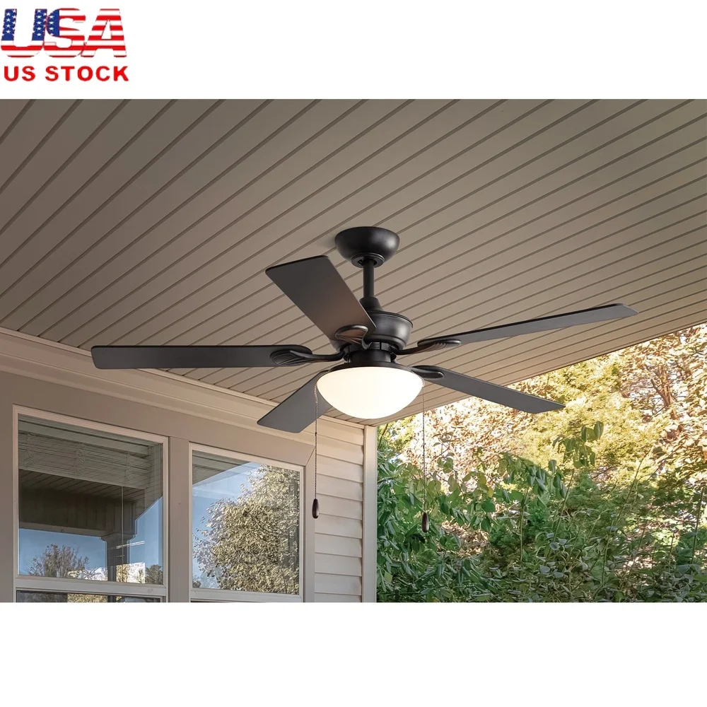 

52 Inch Indoor Outdoor Ceiling Fan 5 Blades Reverse Airflow LED Light 3 Speed Pull Chain Quiet Black Finish