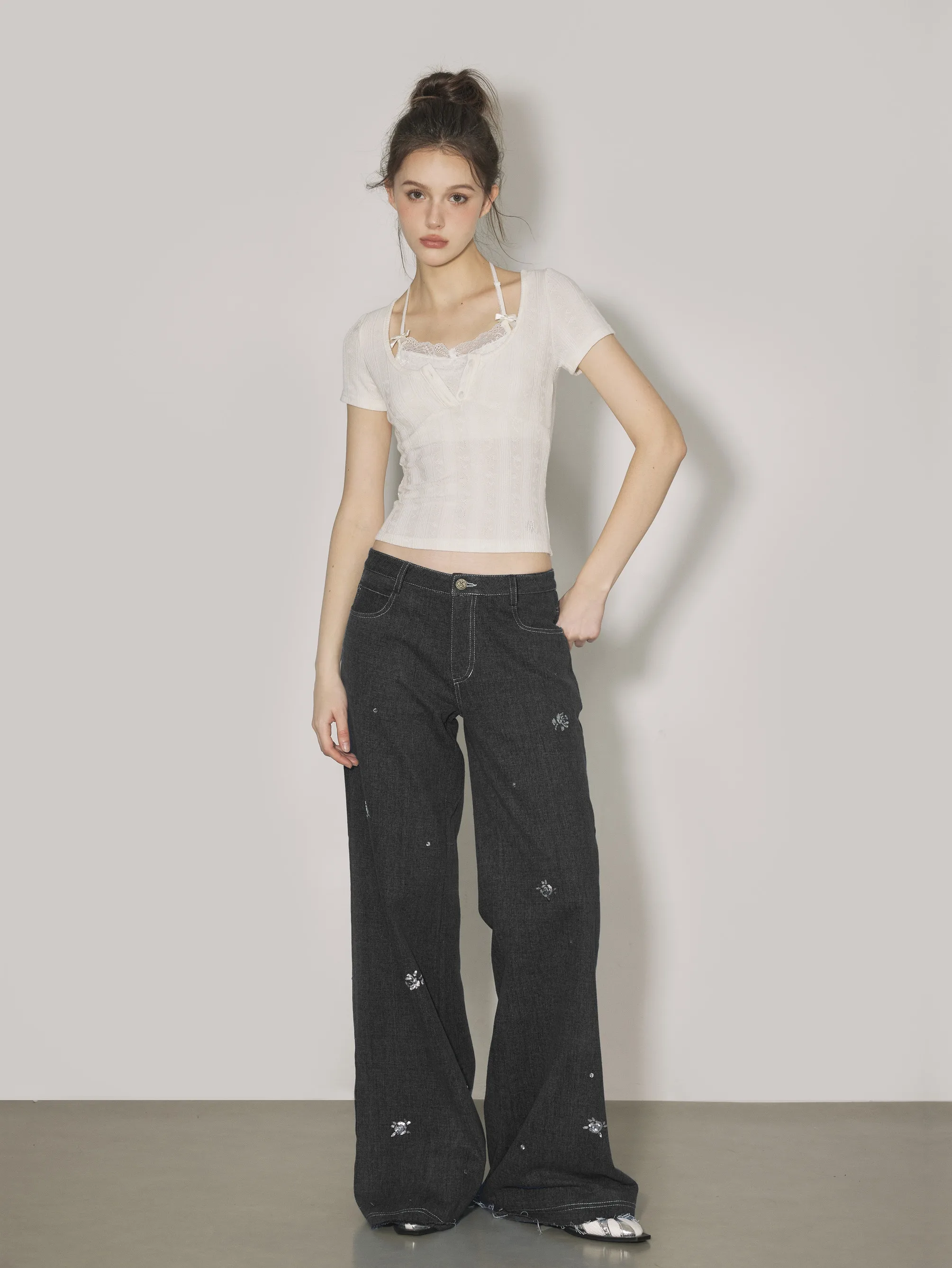 NOMEANSNO Rose Embellished Long Straight Leg Jeans Wide Leg Micro Flared Low Waist Cotton Polyester Casual Pants