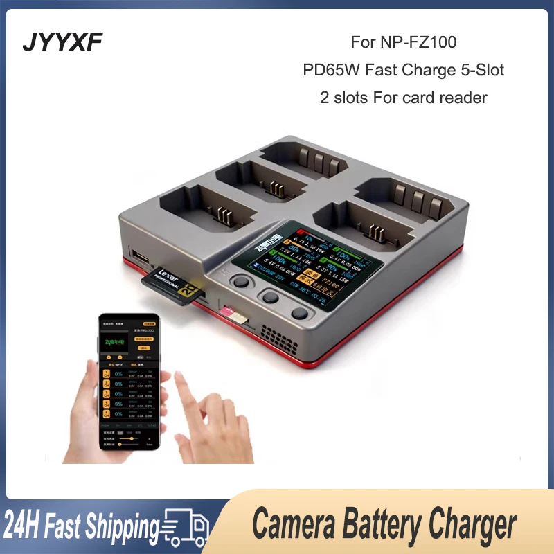 

JYYXF NP-FZ100 PD65W Fast Charge 5-Slot Camera Battery Charger NP FZ100 NPFZ100 with Display Card Reader Slot for Sony Alpha