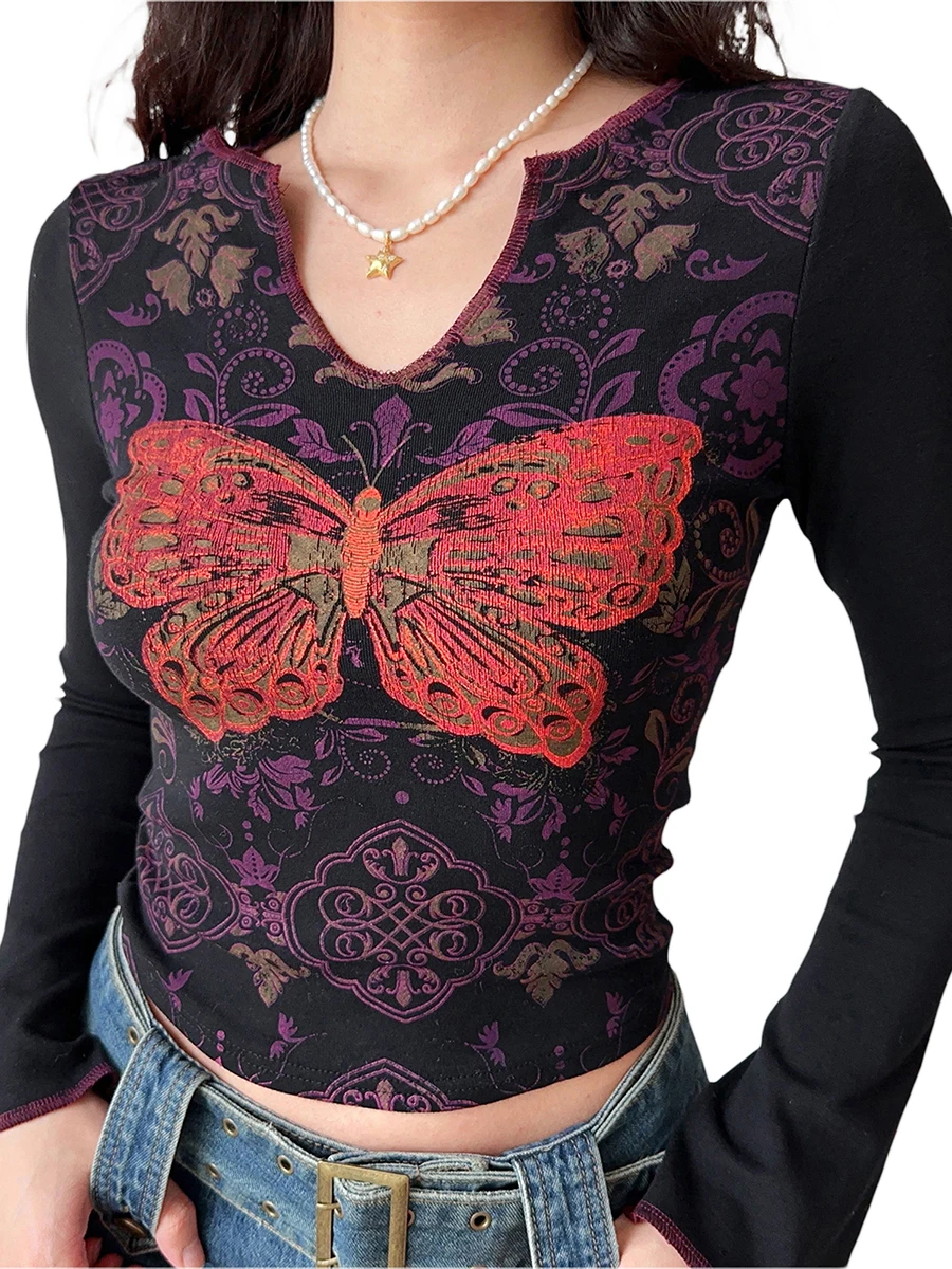 New Fashion Women Notched V Neck Tops Vintage Butterfly Print Long Sleeve Slim Fit T-Shirt Casual Blouse Hot Sale S-XL