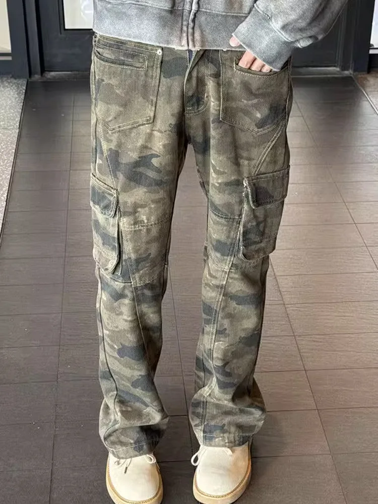 Amerikanische Retro-Camouflage-Arbeitshose für Herren, Herbst und Winter, schlanke, gerade Leggings, Hose mit weitem Bein und mehreren Taschen, Jugendtrend