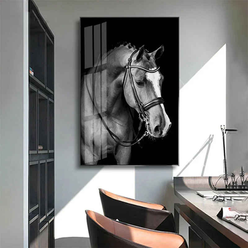 Luxury Black White Horse Canvas Poster Realistic Equestrian Painting Entryway Wall Decor Modern Animal Picture Print Art